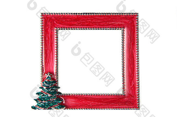 带有装饰圣诞树的红色圣诞边框或框架