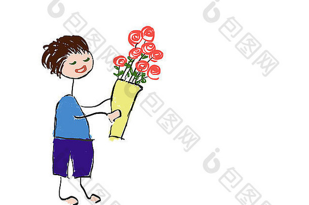 年轻人准备送玫瑰花束的图画
