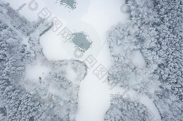 鸟瞰冬季美丽的风景，<strong>树</strong>木覆盖着白霜和白雪。从上面看冬天的景色。用无人机拍摄的风景照片。