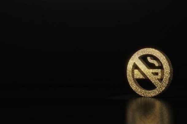 ban圆圈中香烟的金色闪光符号，斜线3D渲染，黑色背景，模糊反射，闪烁