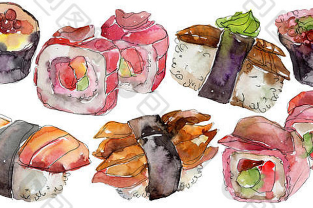 水彩寿司一套精美可口的日本美食插图。在白色背景上隔离的手绘对象。