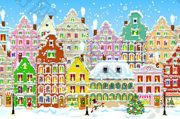 冬天的城市街道。平安夜。寒假。房子被雪覆盖着。城市街道上的雪。冬前装饰的房屋