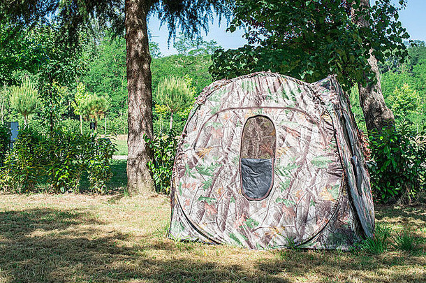 露营地上树间的帐篷。阳光
