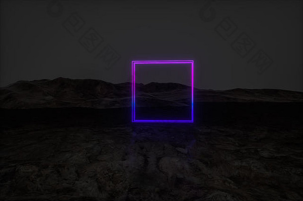 彩色发光线，暗山背景，3d渲染，计算机数字绘图