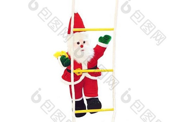 圣诞老人爬上了地板。圣诞老人爬上了白色背景的地板。