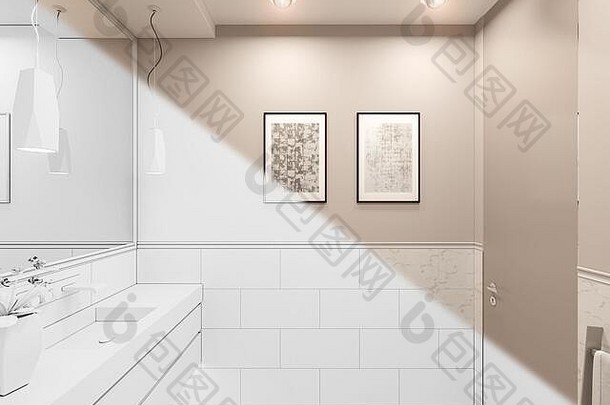 3D渲染，私人别墅卫生间内部。传统现代风格的卫生间室内设计插画