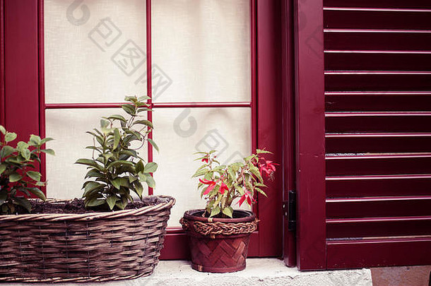 舒适的房子，有红色的木制百叶窗，窗户上有花盆