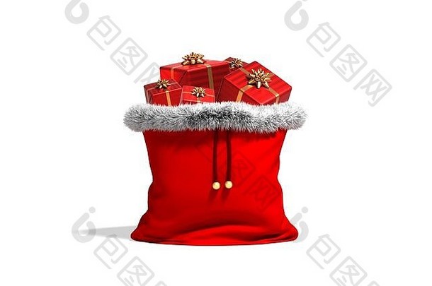 装满红色礼物的圣诞包3D渲染白色背景