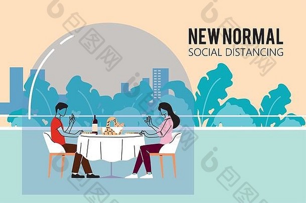 餐桌上男女之间的社交距离新常态和新冠病毒19型主题载体插图的设计