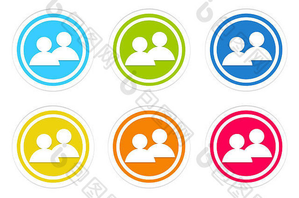 一组圆形图标，带有蓝色、绿色、黄色、橙色和红色的人物符号