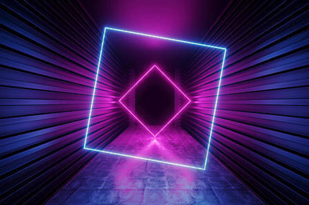 霓虹灯闪烁充满活力的科幻未来走廊隧道紫蓝色粉色虚拟现实黑暗巨大的走廊入口混凝土垃圾反射空间