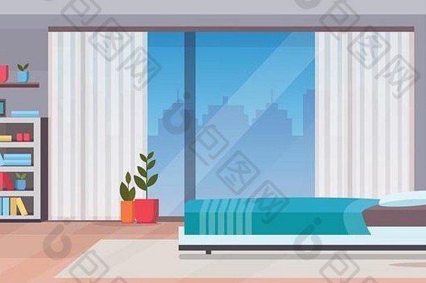 现代家居卧室室内设计现代卧室空无一人公寓窗户城市景观背景平面水平