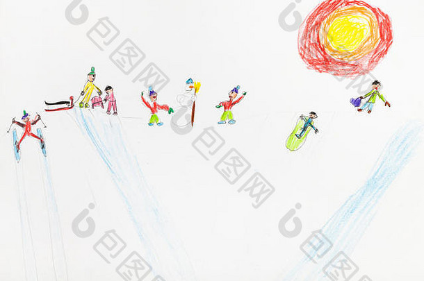 在阳光明媚的冬日里，孩子们在雪山上玩耍，用彩色铅笔在白纸上画