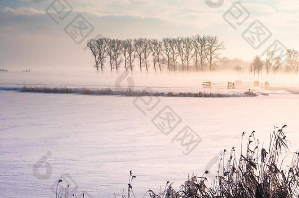 荷兰沿着古老的海堤雪、冰和雾形成了非常舒适的冬季景观