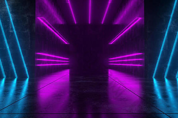 深色霓虹灯背景科幻现代未来派格伦格混凝土房间垂直紫色冰<strong>蓝色</strong>发光灯管激光器空白文本和反光空间
