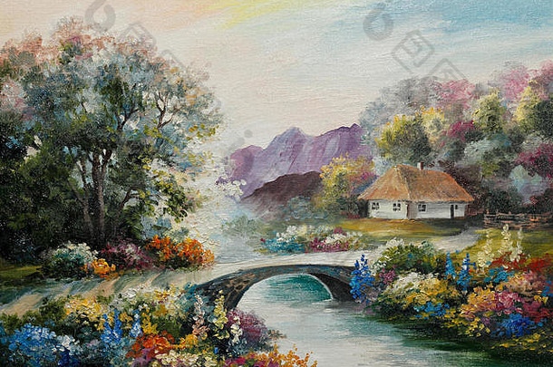 油画画布-乌克兰森林中的房子，秋天，黄色，田野