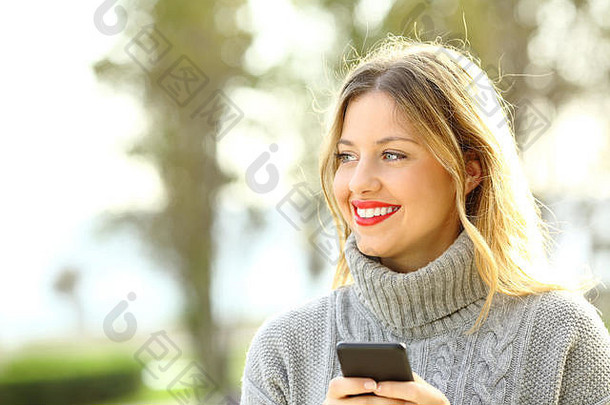肖像快乐沉思的女孩穿毛衣持有聪明的电话冬天公园复制空间