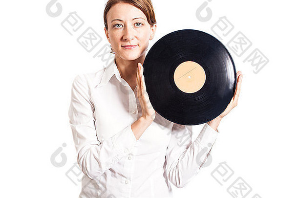 持黑胶唱片的女子被隔离在白纸上