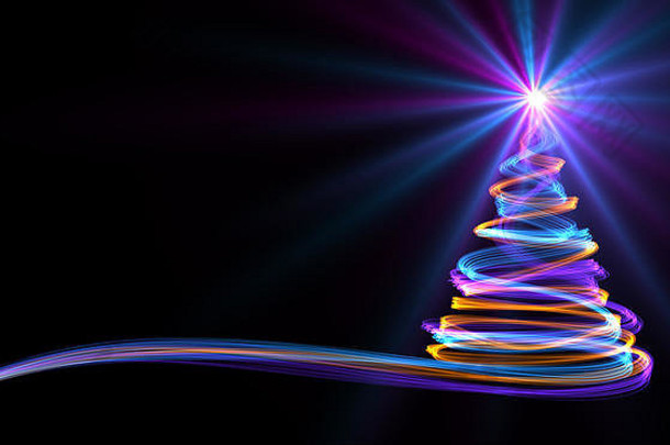 圣诞树由黄色、蓝色和紫色的霓虹灯条纹组成。三维插图。