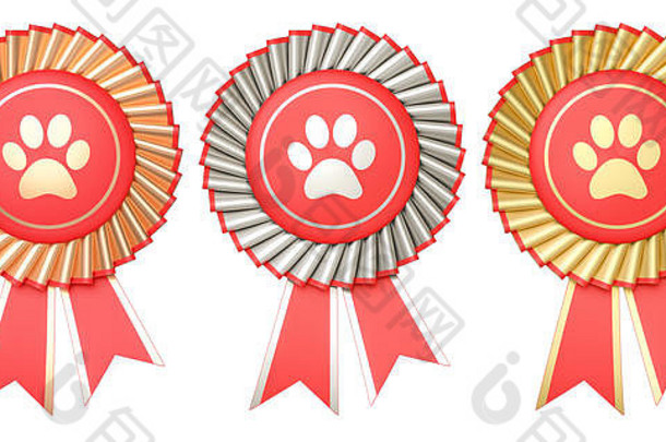 一套带丝带的狗或猫获奖、奖牌或徽章。三维渲染