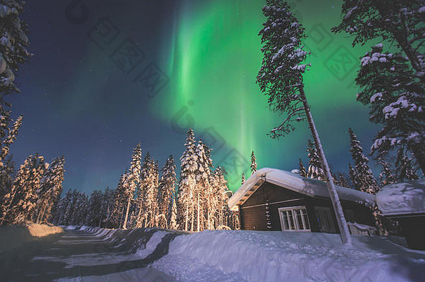 这是一幅美丽的图片，描绘了大量多彩的绿色充满活力的北极光，极光，也被称为拉普兰夜空中的北极光