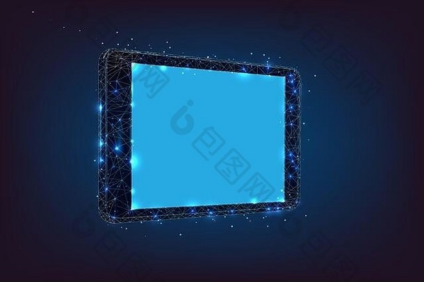 技术插图电话图像平板电脑黑暗蓝色的背景概念小工具数字设备主题低多边形线框如果留意