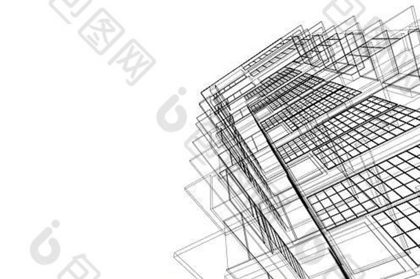 现代建筑线框。城市线框的概念。线框建筑三维建筑示意图