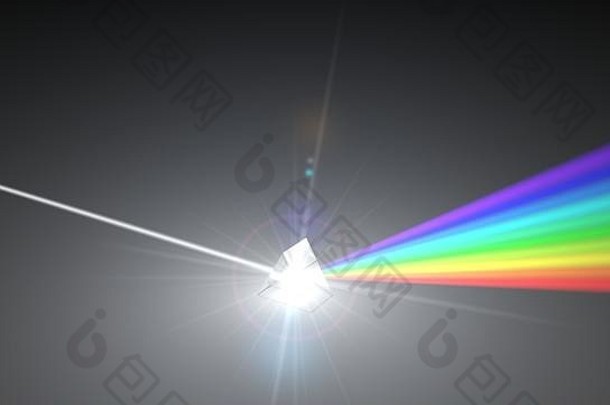 通过棱镜将白光分散到其他彩色光线。光线断点上的光束。三维插图