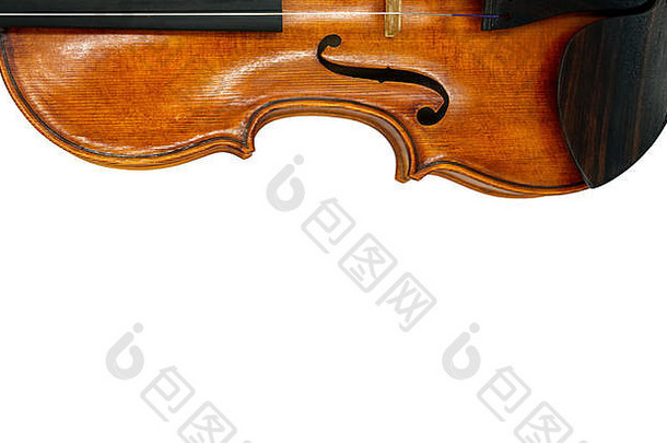 带有白色空间背景的古董小提琴的半幅图像。