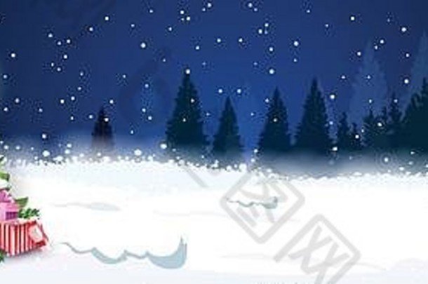 冬天假期水平横幅快乐圣诞节刻字装饰松树晚上森林景观