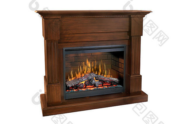 棕色木制燃烧壁炉，火焰怒吼，经典优雅的设计。在白色背景上隔离，包括剪切路径。壁炉