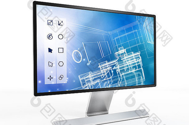 计算机屏幕上的三维设计软件。