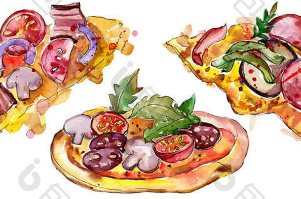 速食意大利披萨，水彩风格套装。背景为Aquarelle食品插图。孤立的比萨饼元素。