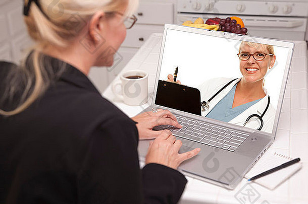 女人厨房移动PC在线闲谈，聊天护士医生屏幕