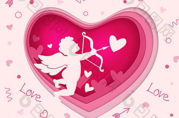 从纸上剪下的带丘比特的粉红色心形图案。浪漫的剪纸情人节背景。节日贺卡