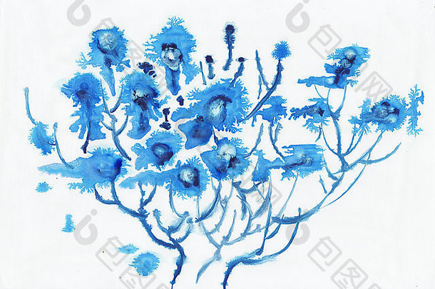 在湿白纸背景上的异域蓝花水彩原作