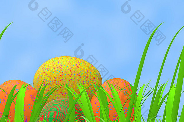 复活节鸡蛋指示绿色草草坪上