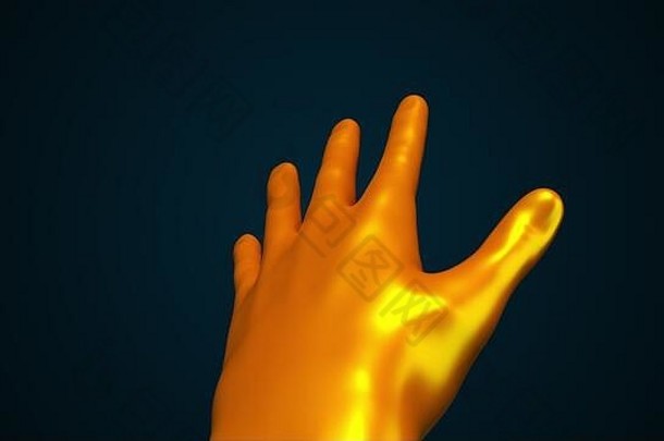 在深色背景上演示Midas的金棕榈的3d渲染。流线型画笔形状在屏幕上翻转，电脑生成