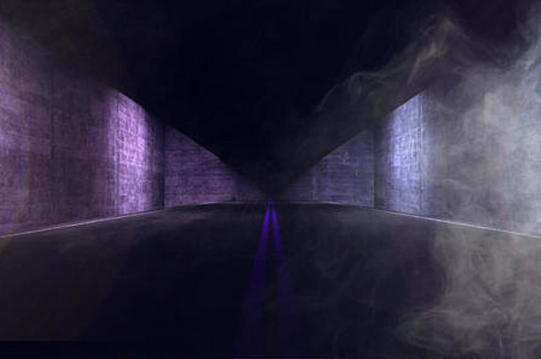 烟雾蒸汽沥青双排路跟踪晚上黑暗紫色的蓝色的发光的耀斑混凝土难看的东西墙粗糙的背景呈现插图