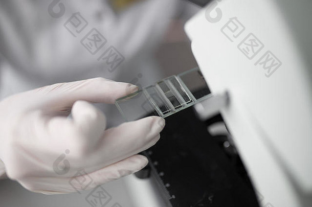 用显微镜对科学家的手进行特写，在实验室检查样本