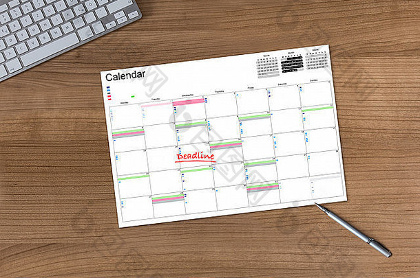 木桌上印有“截止日期”字样的日历，配有现代键盘和银笔