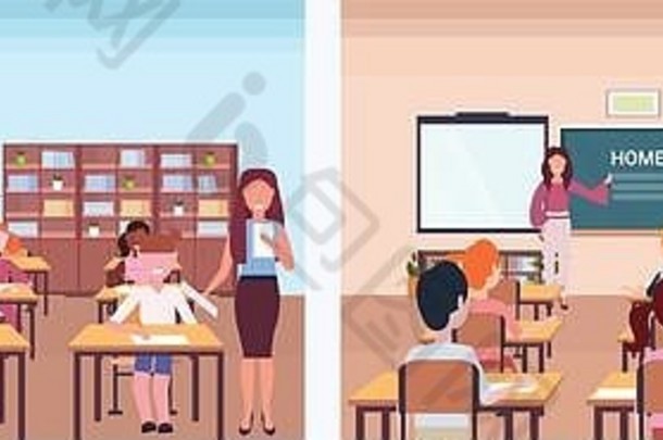 学校教训女老师学生集前面回来视图教室现代学校室内教育概念水平横幅完整的长度平