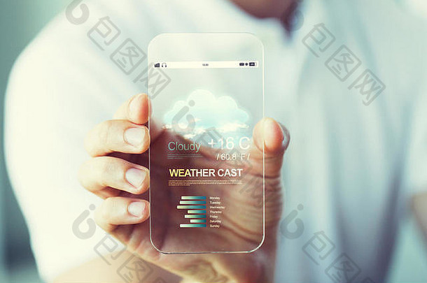 手部特写与智能手机上的天气预测
