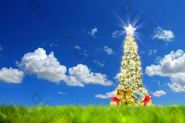 概念上的装饰闪亮的圣诞节树绿色景观阳光明媚的清晰的天空