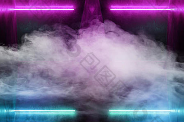 烟雾科幻霓虹灯背景赛博朋克未来主义夜光迷幻十字形紫粉色蓝色紫外线俱乐部舞蹈舞台灯光Grunge Concr