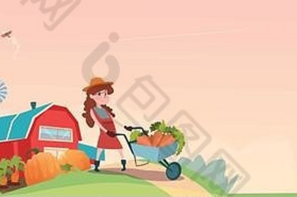小女孩农民的女儿拿着收获蔬菜的手推车