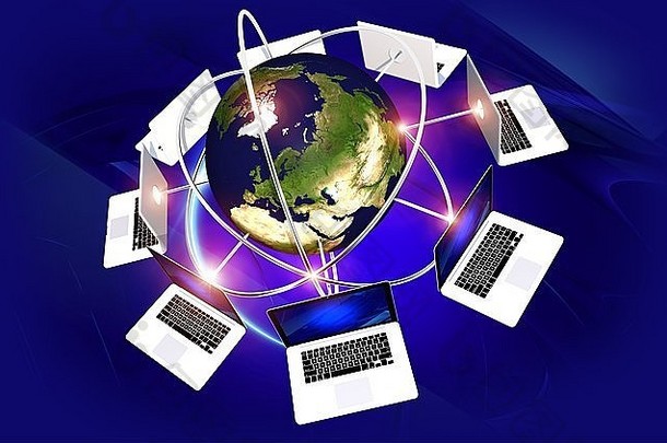 Web连接概念3D渲染插图。全球网络中的计算机摘要。