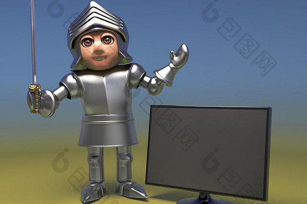 轻浮的中世纪骑士买了一个新的宽屏幕电视显示器，3d插图渲染