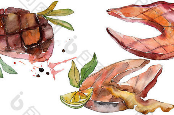 烤牛排美味的食物水彩风格集烧烤肉插图背景孤立的牛排元素