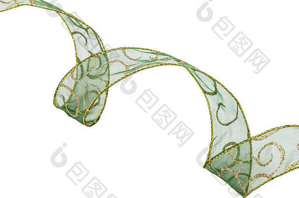 绿色丝带作为节日装饰，与白色背景隔离